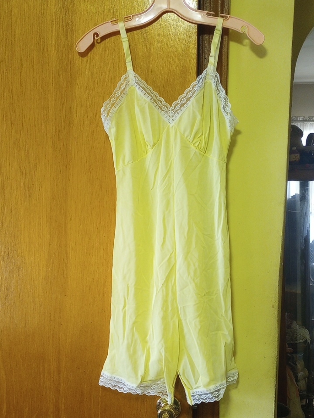 NWOT Yellow Nylon & White Lace Divided Slip w/ Snap Crotch & Adjustable Straps